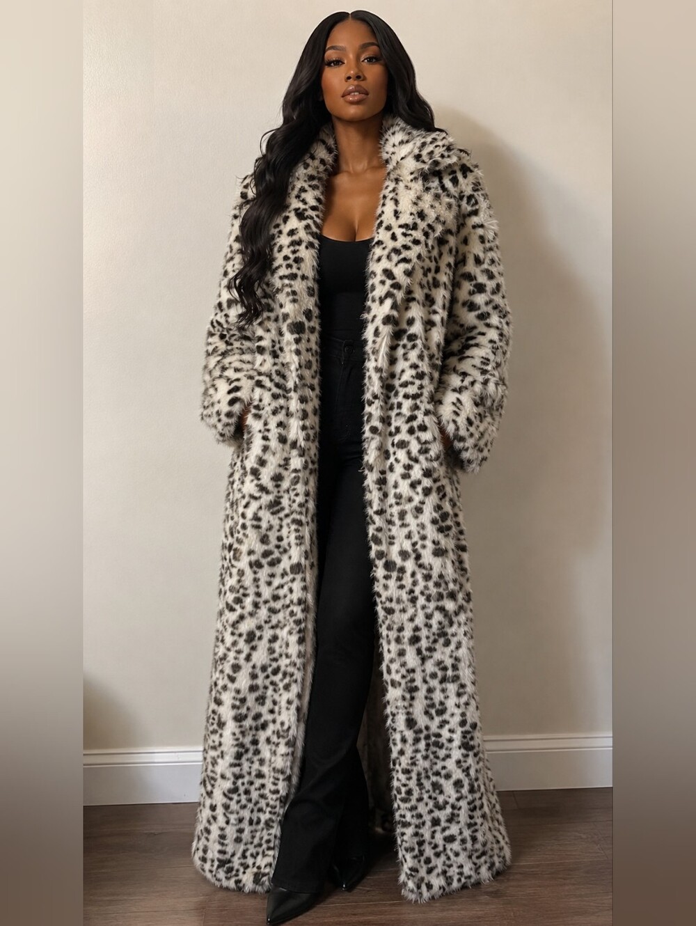 Long Faux-Fur Leopard-Print Coat in White and Black Size XL NWOT